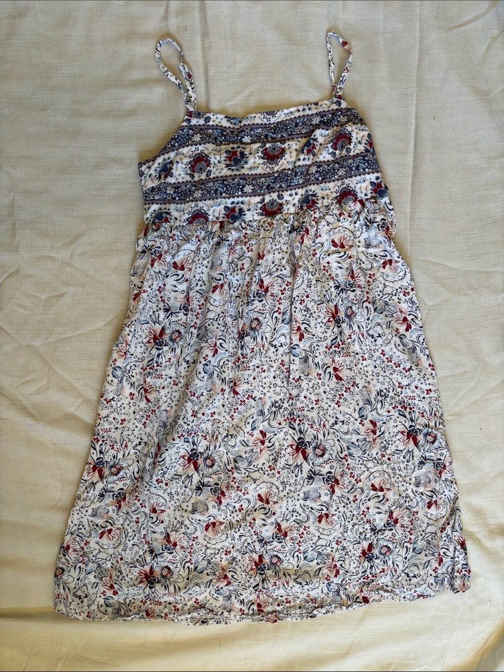 Wallflower White Floral Sundress with Red & Navy Pattern